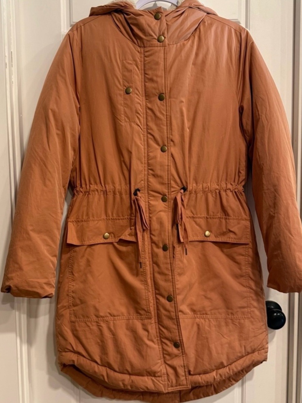 LOFT Hooded Utility Parka XS Sherpa Lined Jacket Cinnamon Brown Snap Zip Coat